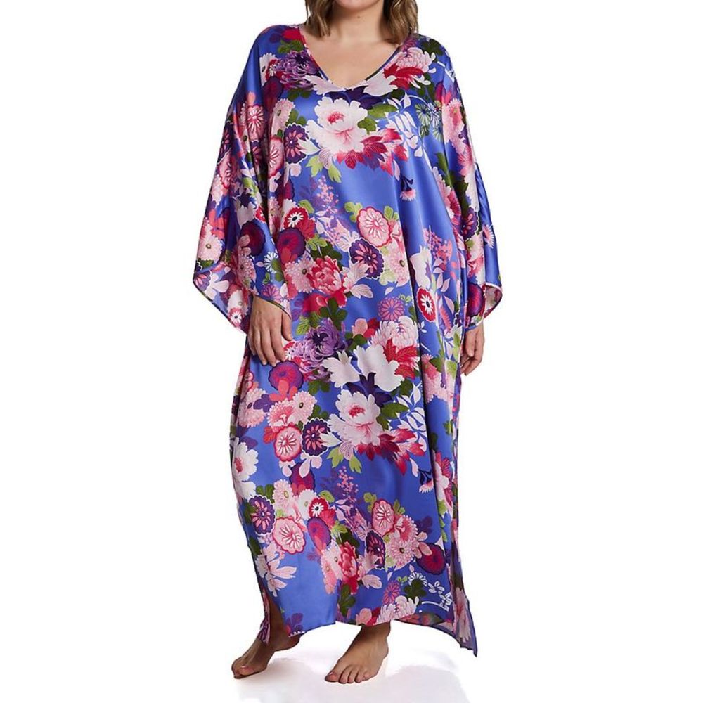 N by Natori Plus Size Sofia Satin Caftan -  Soft Blue Multi  SC0151X